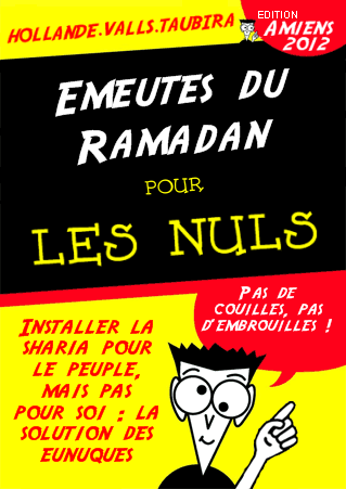Parodie de couverture de livre -pour les nuls- : les émeutes du ramadan pour les nuls, par hollande-valls-taubira, édition amiens 2012, installer la sharia pour le peuple mais pas pour soi : la solution des eunuques. Pas de couilles, pas d'embrouilles!