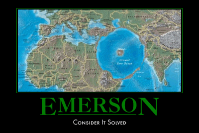 EMERSON - Consider It Solved (Considérez votre problème comme résolu) - Mappemonde avec tout le moyen-orient remplacé par un immense lac de cratère atomique nommé Ground Zéro Ocean